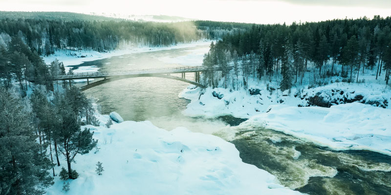 En fors omgiven av skog och snötäckta berg.